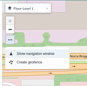 The three-dot map button open, showing Show navigation window and Create geofence