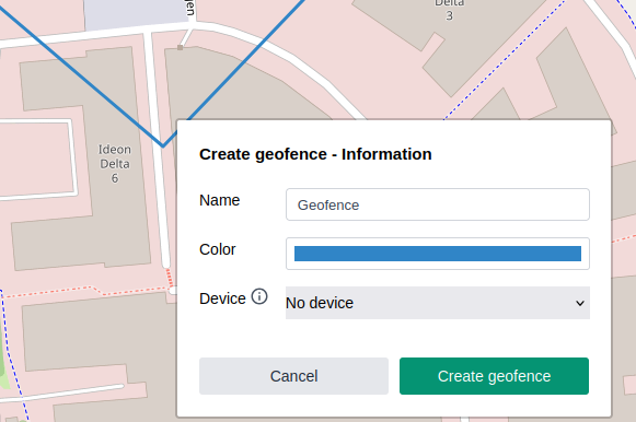 The Create geofence - Information dialog, with the name, colour and optional device fields