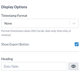 The Display options section, with timestamp format, the export button toggle and the heading