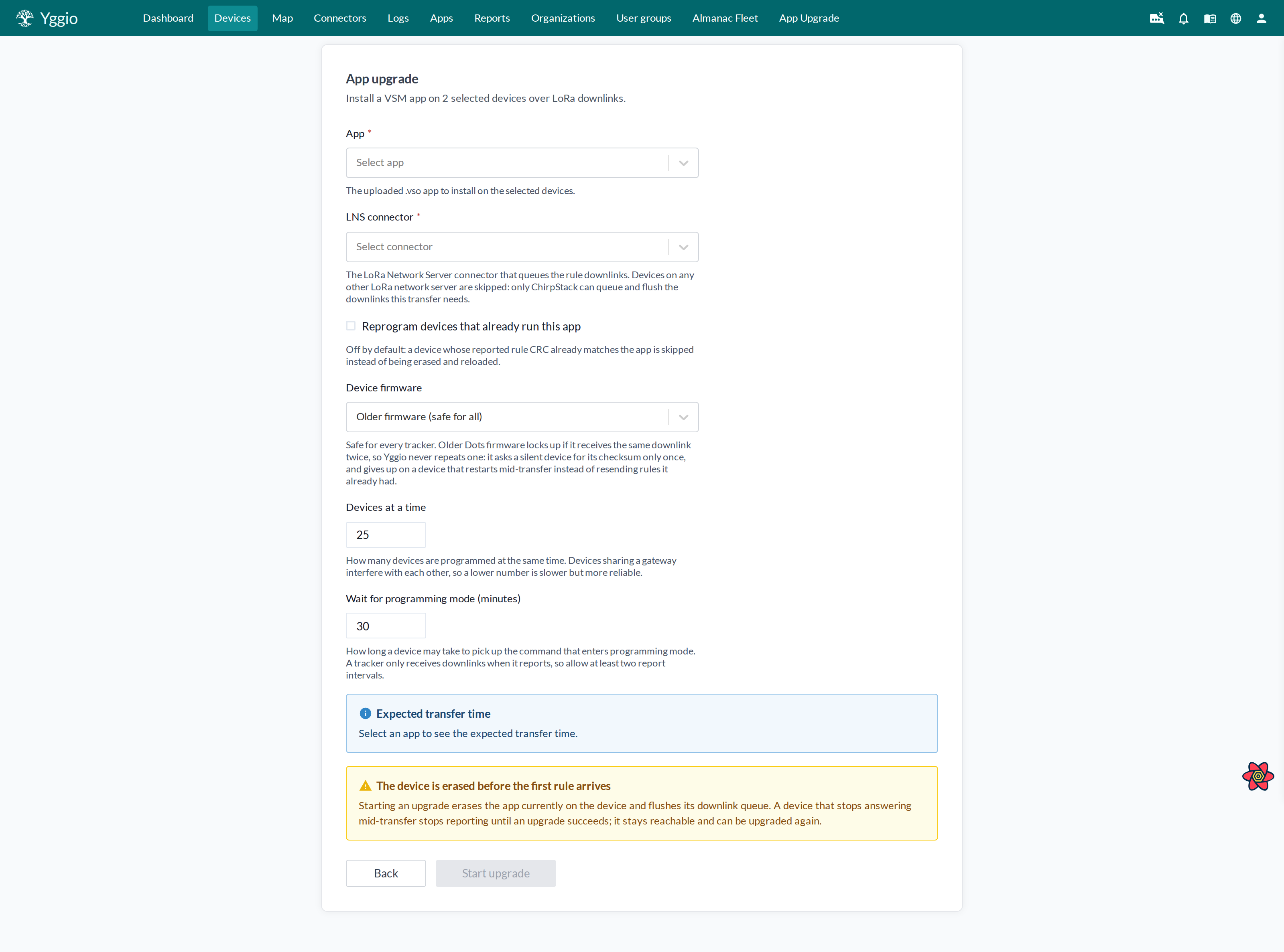 The pane for starting an app upgrade on several selected devices, with the app, LNS connector and the remaining settings