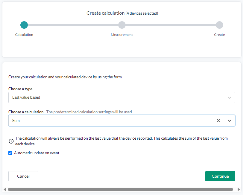 The Calculation step, with Choose a type set to Last value based, Choose a calculation set to Sum, the explanation of the chosen method, and Automatic update on event ticked
