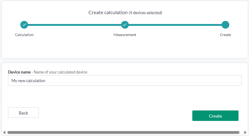 The Create step, with the Device name field holding "My new calculation" and the Create button