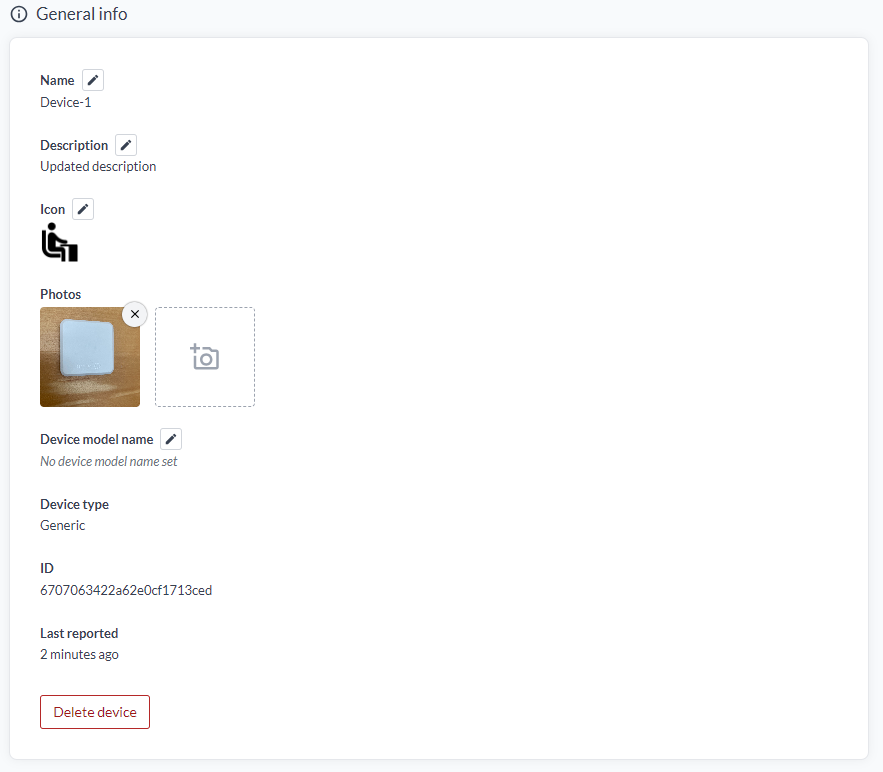The General info section, showing name, description, icon, photos, device model name, device type, ID and last reported, with a Delete device button