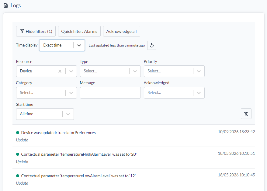 The Logs section, with the filter panel open showing resource, type, priority, category, message, acknowledged and start time, and log entries with their category and exact timestamps