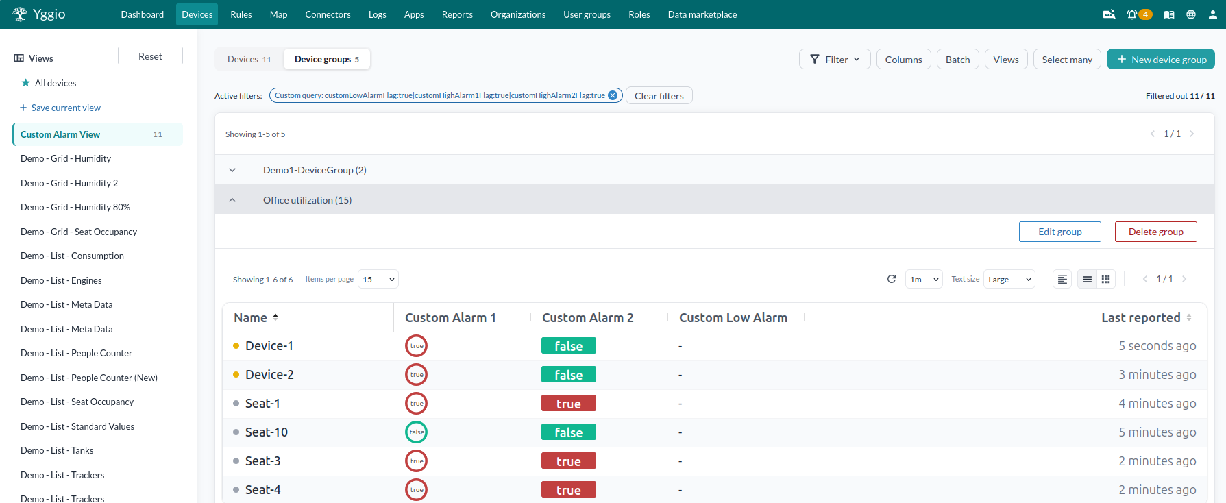 The Device groups tab, listing groups with their member counts, one expanded to show its devices and the Edit group and Delete group buttons