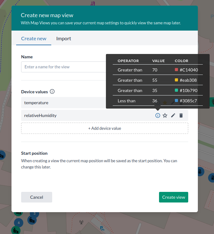 The map view editor, with the view name and its configured device values