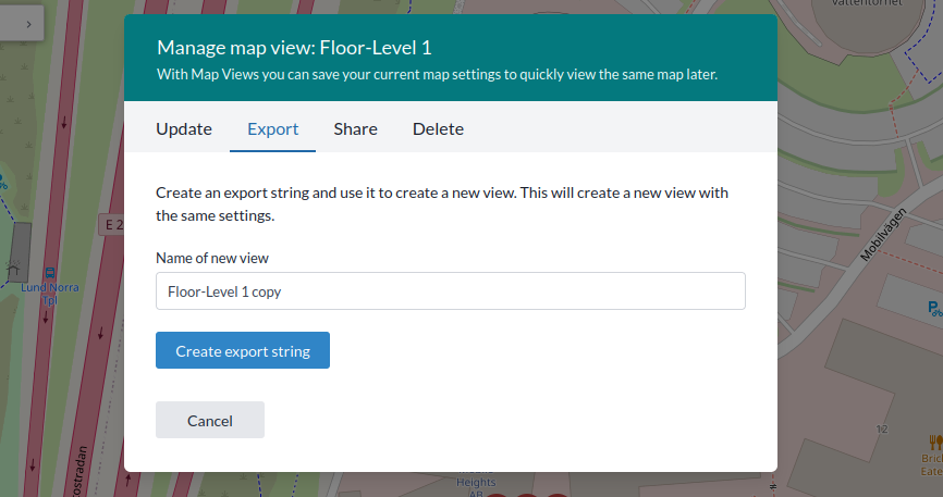 The Export view tab, with the Create export string button