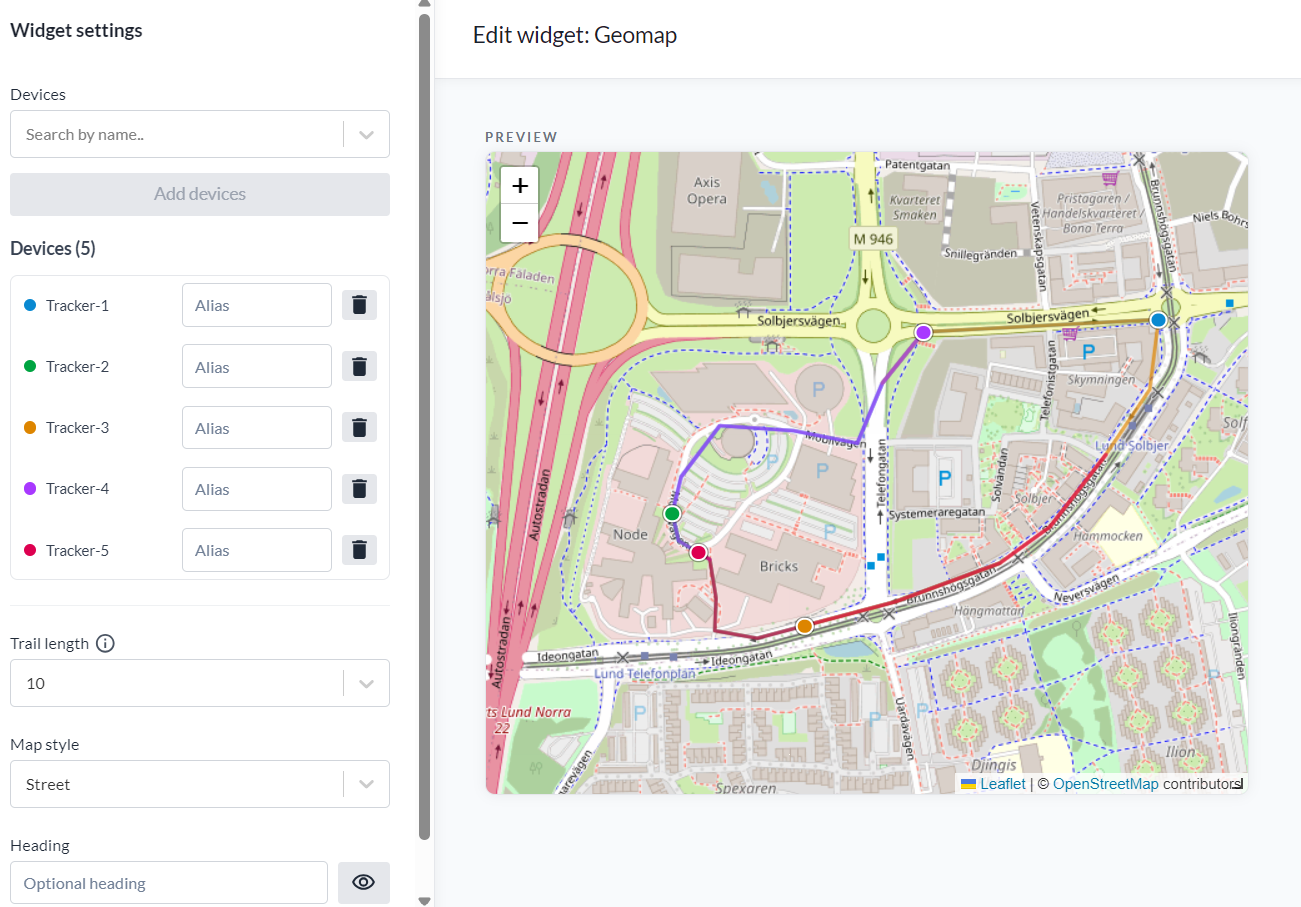 The Geomap widget editor: the settings on the left with the device list, trail length, map style and heading, and a live preview on the right showing five coloured trails on a street map