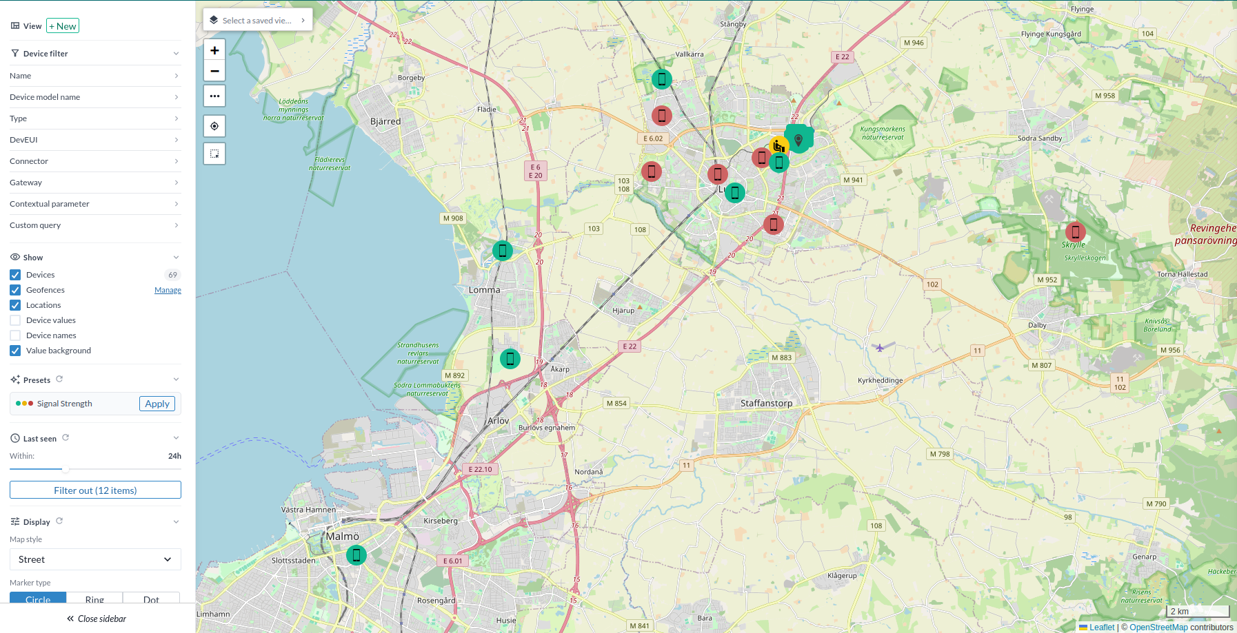 Yggio map showing tracked devices