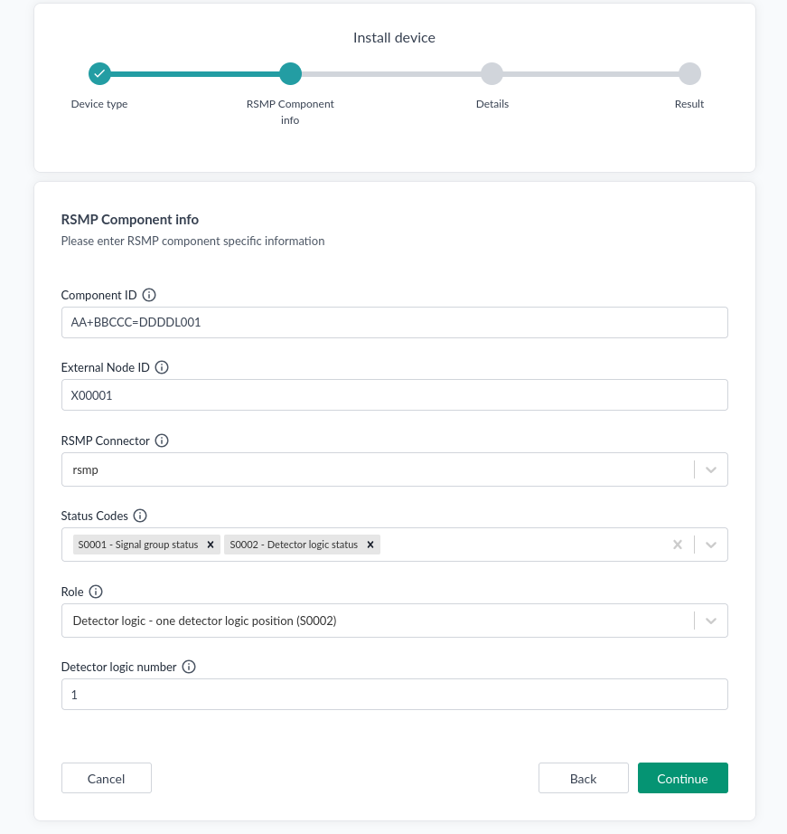 The RSMP Component info step of Install device, with component ID, external node ID, connector, status codes, role and detector logic number