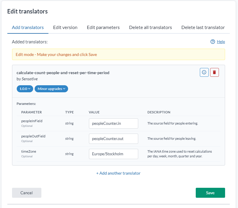 The Edit translators pane on the Add translators tab, showing the five tabs, a translator with its version and upgrade policy, its parameter table, and the Overview listing each device's translators below