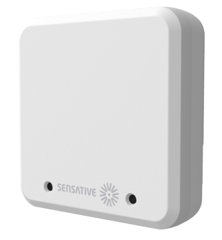 The Square Presence sensor: a small, square white unit with rounded corners, the Sensative logo across the lower front face and a sensor opening at each side of it