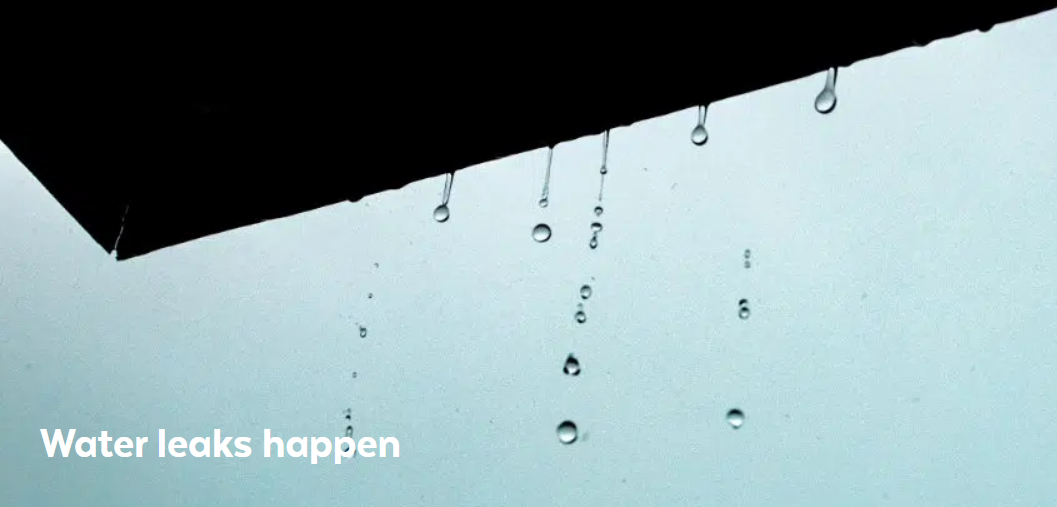 Water dripping from the edge of a ceiling against a pale wall, captioned "Water leaks happen"
