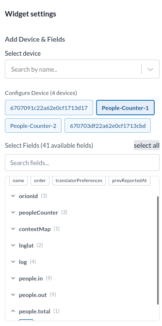 Die Eingaben Select device und Select fields in den Einstellungen von Data Table