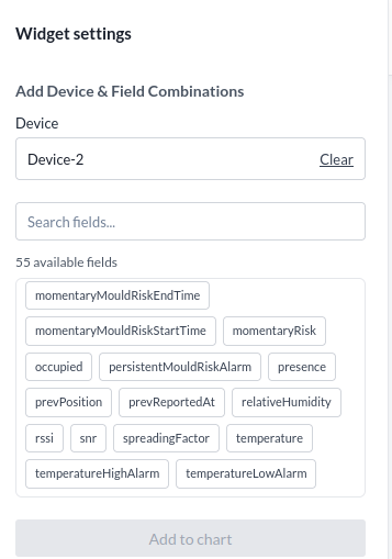 Die Einstellungen von Multi-Device Chart mit den Auswahlfeldern für Gerät und Feld und der Schaltfläche Add to chart