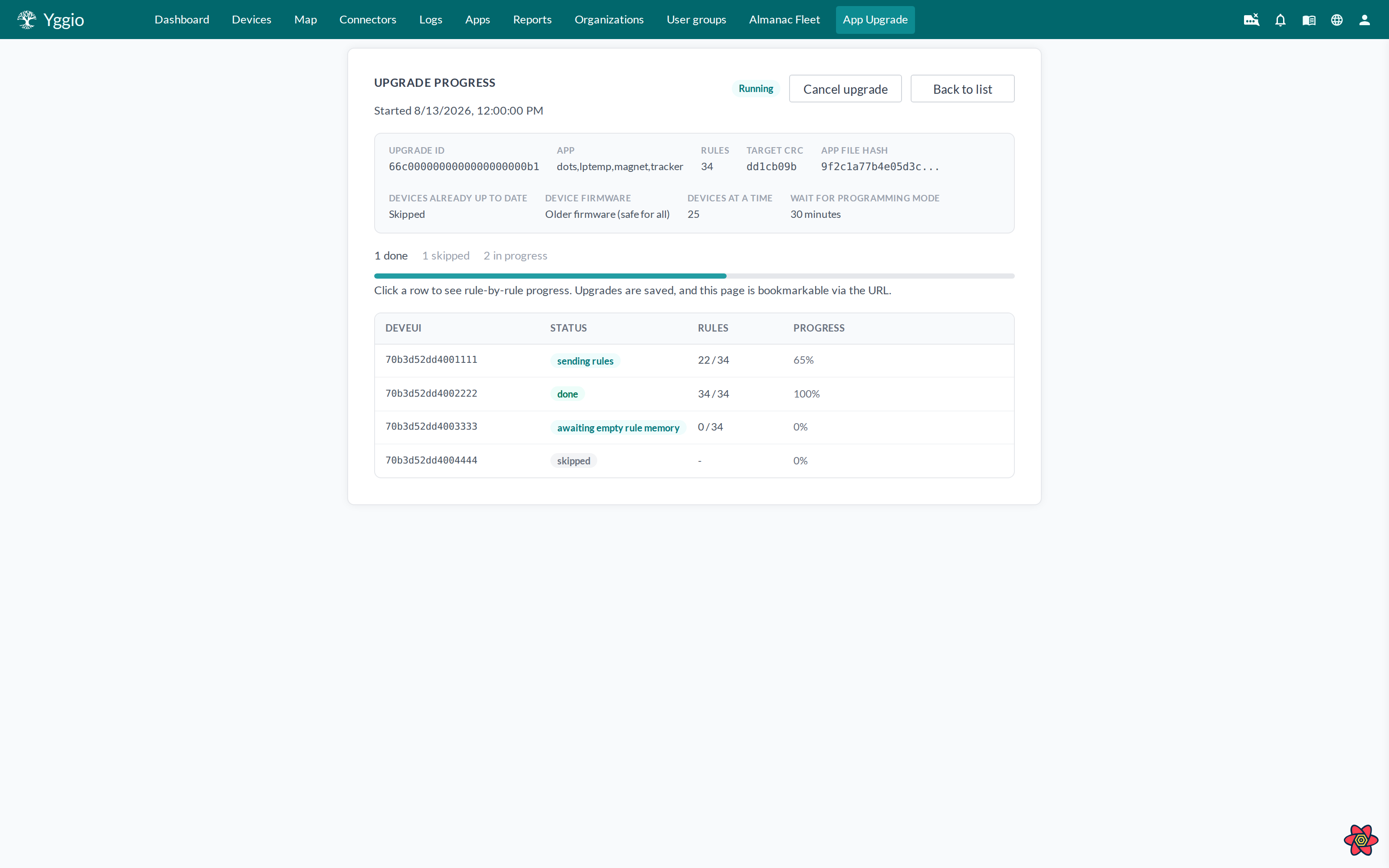 Die Detailansicht eines Upgrades mit App, Zielprüfsumme, Einstellungen und den Geräten mit ihrem Status und Regelzähler