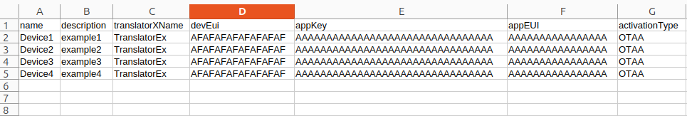Beispiel einer CSV-Datei für die Batch-Installation; die gezeigten Werte sind Platzhalter