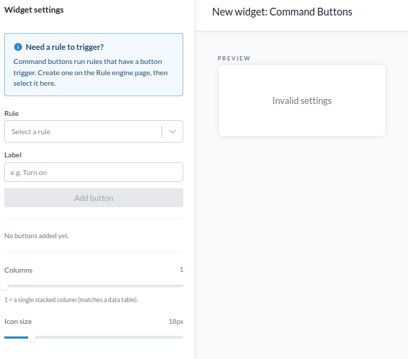 Die Einstellungen von Command Buttons mit den Auswahlfeldern für Regel und Trigger, der Schaltflächenbeschriftung und der Liste der hinzugefügten Schaltflächen