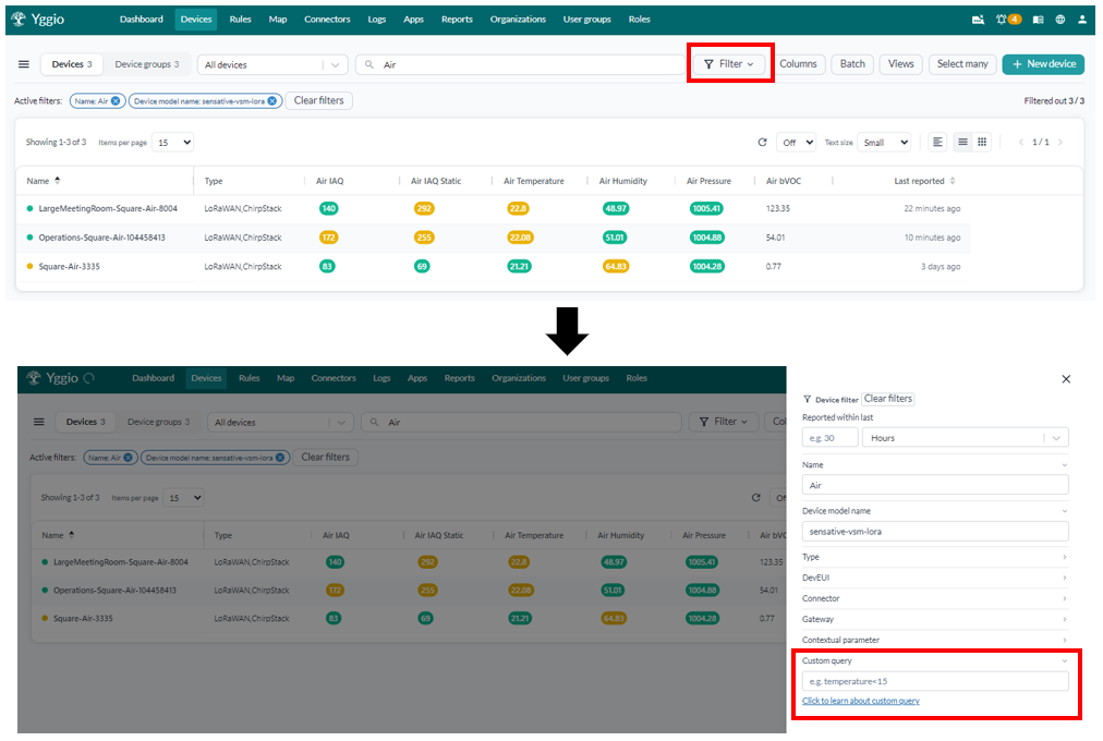 So erreichen Sie das Feld für die Custom Query: die Schaltfläche Filter über der Geräteliste, und die Filteransicht, die sie öffnet, mit dem Feld Custom query unten