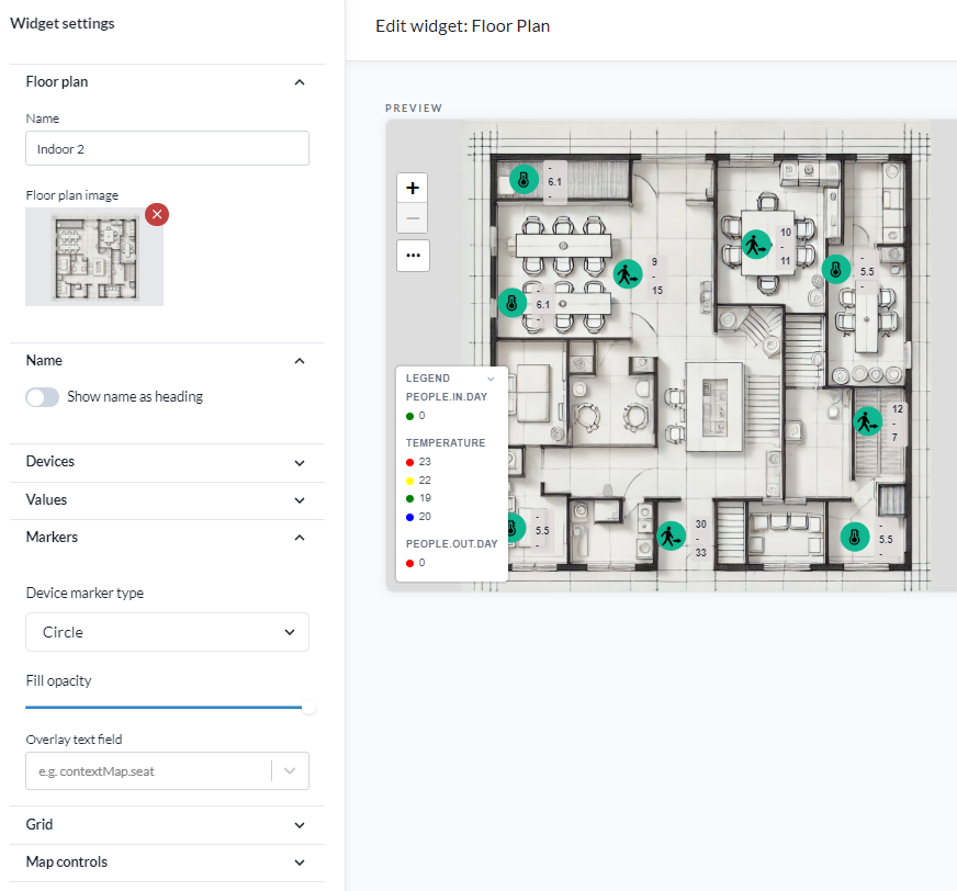 Ein Floor-Plan-Widget mit Gerätemarkierungen und ihren Werten auf einer Gebäudezeichnung