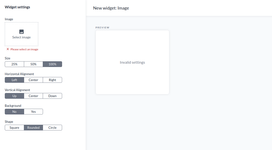 Die Einstellungen des Image-Widgets mit Größe, waagerechter und senkrechter Ausrichtung, Hintergrund und Form