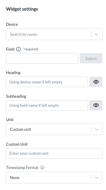 Inställningspanelen för Device Value, med enhet, fält, rubrik, underrubrik, enhet och tidsstämpelformat