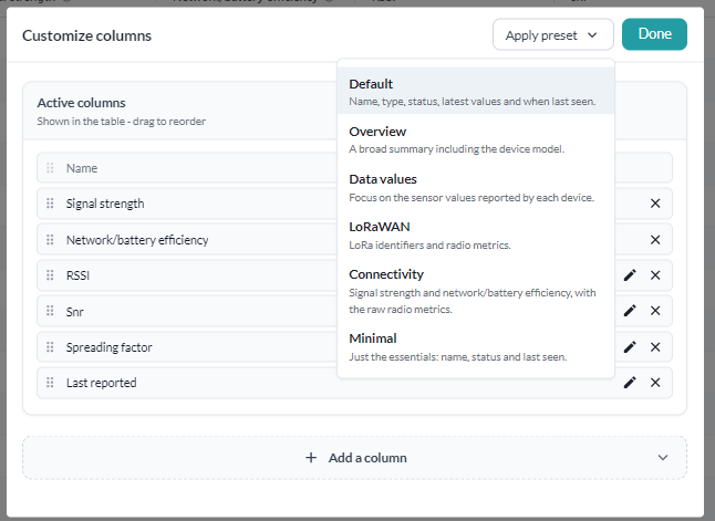 Menyn Apply preset öppnad i Customize columns, som listar Default, Overview, Data values, LoRaWAN, Connectivity och Minimal med en rad som beskriver var och en