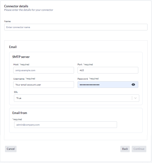 Uppgifter för Email-connectorn, med SMTP-serverns värdnamn, port, användarnamn, lösenord och SSL, samt den obligatoriska avsändaradressen