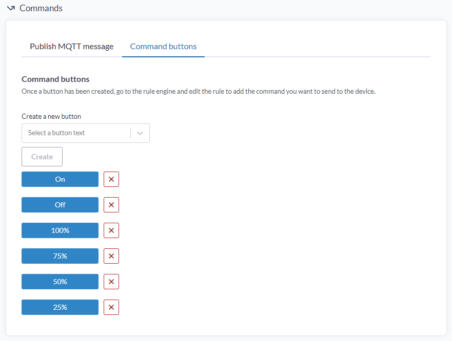 Fliken Command buttons, med en rullgardinsmeny för att välja knapptext, en Create-knapp, och de befintliga knapparna On, Off, 100%, 75%, 50% och 25%, var och en med en ta bort-knapp