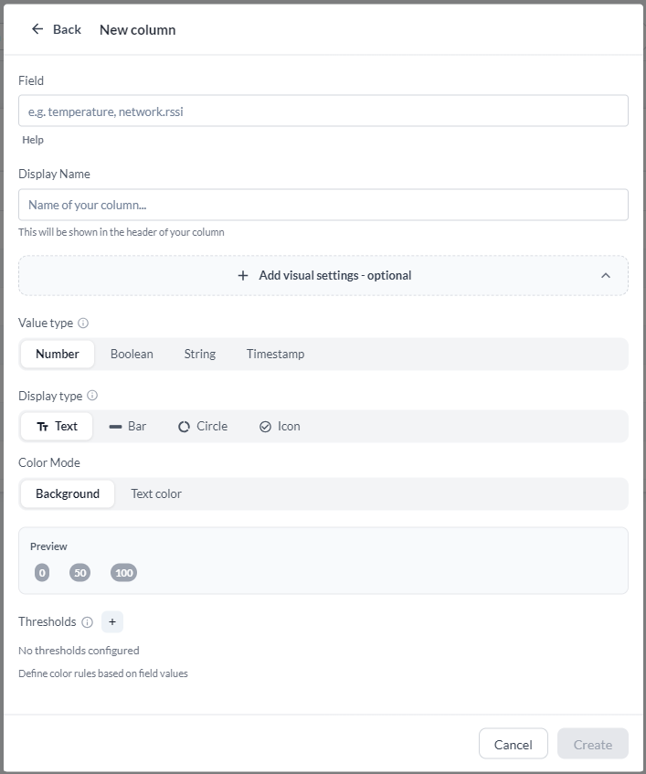 Dialogen New column: fälten Field och Display Name, och de valfria visuella inställningarna med värdetyp, visningstyp, färgläge, en förhandsvisning och tröskelreglerna