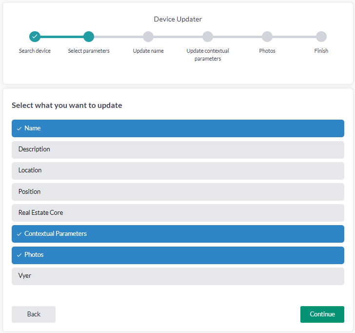 Parametervalet i Enhetsuppdateraren, med Name, Description, Location, Position, Real Estate Core, Contextual Parameters, Photos och Vyer som ikryssbara val