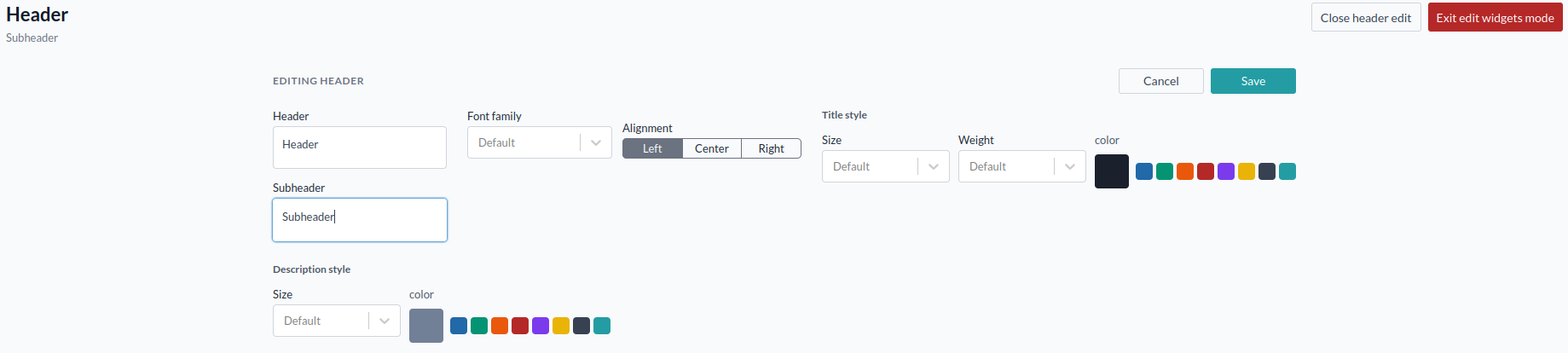 Panelen Edit header, med rubrik- och underrubrikstext, teckensnitt, justering samt inställningar för titel- och beskrivningsstil