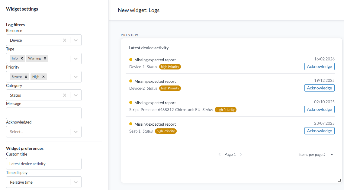 En Logs-widget, som listar senaste enhetshändelser med kategori och tid