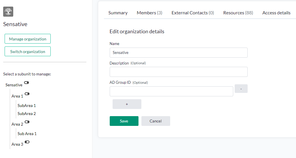 Organisationens flik Sammanfattning i redigeringsläge, med fält för namnet, beskrivningen och ett AD Group ID per rad, samt knapparna Save och Cancel