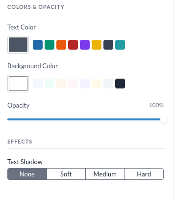 Sektionen Colors and opacity, och sektionen Effects med alternativen för textskugga