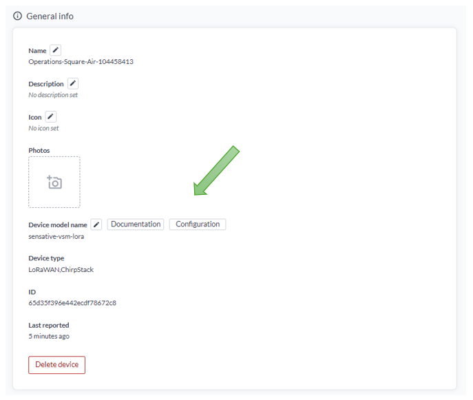 Panelen General info för en Square Air-enhet, med knapparna Documentation och Configuration bredvid enhetsmodellnamnet sensative-vsm-lora