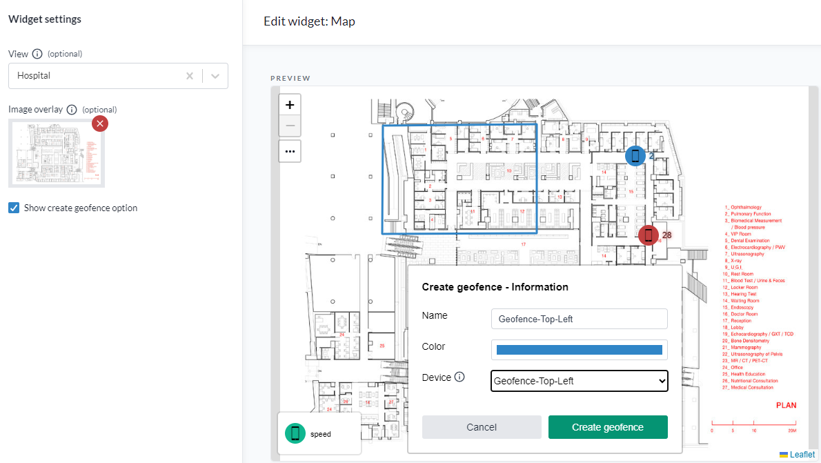 Map-widgeten med en planlösning ritad som geotaggad överläggsbild, med en geofence ritad ovanpå